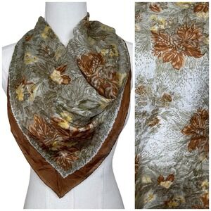 Vintage Silk Hand Rolled Printed Floral Scarf Brown Green Fall Autumn Boho